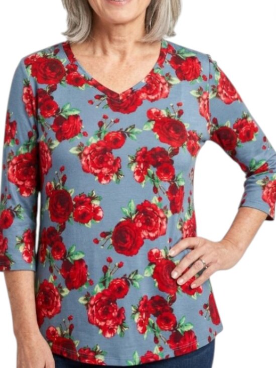 The Pioneer Woman Tops - Pioneer Woman Blue Rose Floral Top XL Cottagecore Farmhouse Chic 3/4 Sleeve